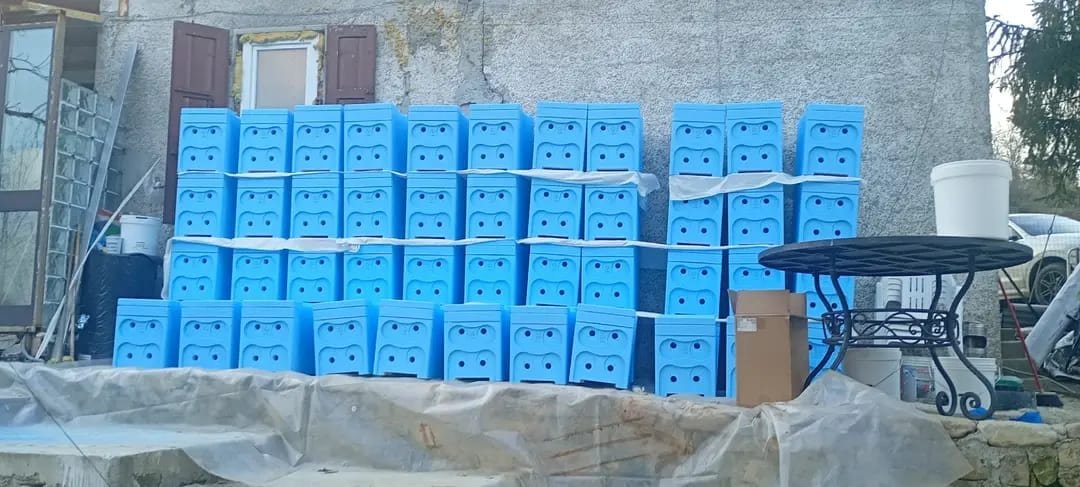 Serie di arniette blu nell'area di lavoro dell'apiario