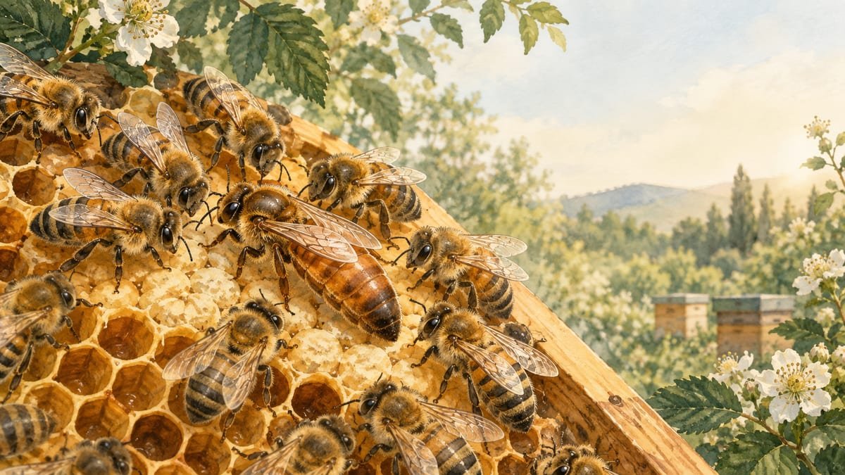Illustrazione di una regina tra api operaie sopra un telaino