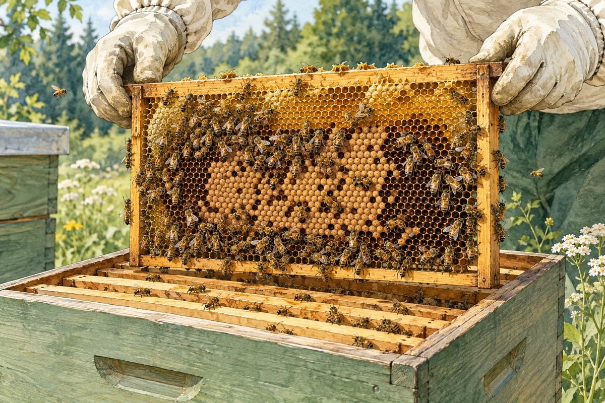Illustrazione di un apicoltore che solleva un telaino con api e covata