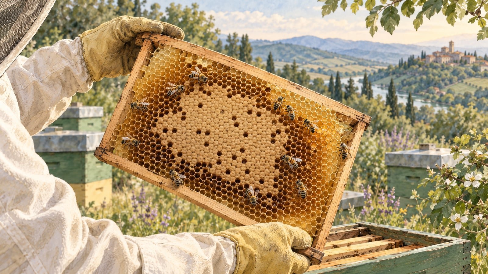 Illustrazione editoriale di un apicoltore che osserva un telaino con covata nell’apiario